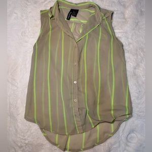Tan with green stripes, buttoned down short sleeve blouse. See through. Small.